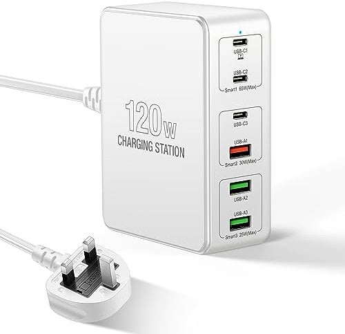 zerotop 120W USB Charging Station 6-Port, Fast Multi USB Charger Station USB C Charging Station Multi Charger for Multiple Devices USB Charging Hub Compatible with Macbook Laptop Iphone Ipad (White)