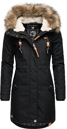Ragwear Damen Wintermantel Warmer Parka lang mit abnehmbarem Kunstfell Tawny Intl Black22 Gr. 6XL
