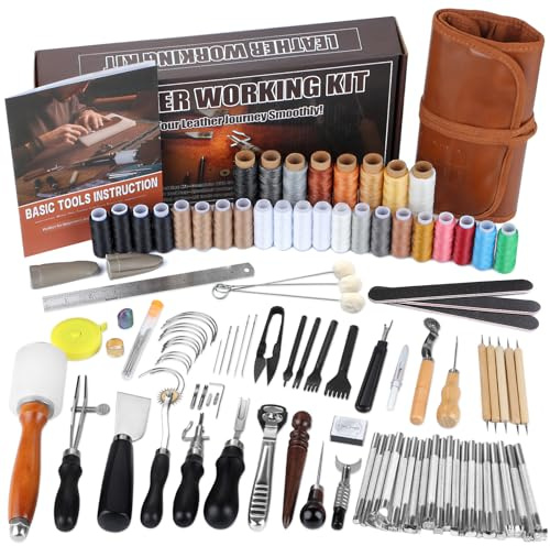 BUTUZE Leather Kit, Leather Tooling Kit for Beginners, Leathercraft Tools with Stamping Tools, Beveler, Groover, Stitching Punch Sewing Thread and Needles - Roll Bag and Manual