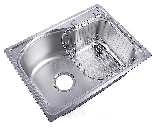 TRIEBAN Fregadero empotrable de acero inoxidable, fregadero de cocina, 1 plato, color plateado con cesta de desagüe + armarios inferiores para cocina, 65 x 44 cm