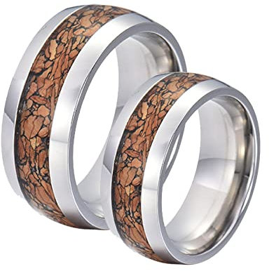 Ringe Paare Edelstahl mit Gravur, Trauringe Verlobungsringe Partnerringe 8mm Silber Ring Einlegen Holz Damen 57 (18.1) + Herren 57 (18.1)