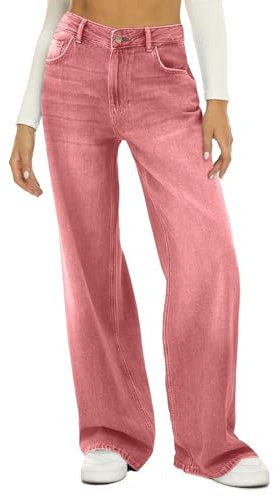 HDLTE Jeans a gamba larga da donna, a vita alta, comodi, Rosa, XS