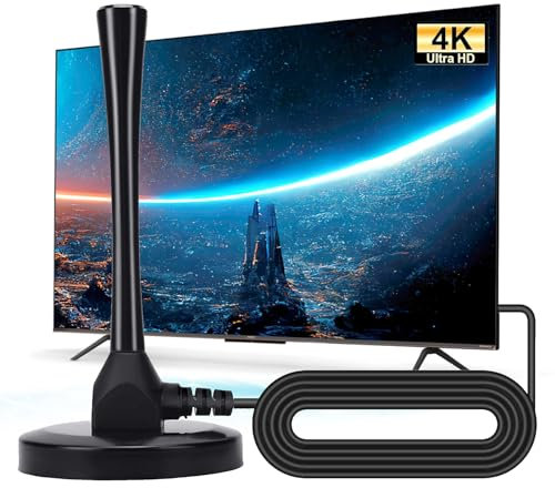 Indoor TV Aerial, Digital TV Aerial 360° Reception & Strong Magnetic Base, Freeview Aerial Indoor – Supports VHF/UHF/4K/1080P/DVB-T/T2/T3 and Compatible with All TVs - 16.4ft Long Cables