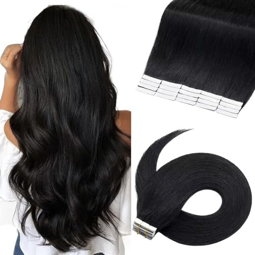 TESS Tape Extensions Echthaar 50g Schwarz 20 pcs Remy Human Hair Echthaar Extensions Tape 60 cm Tape-Haarverlängerungen Glattes (60 cm-Schwarz)