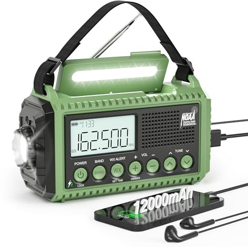 Radio de emergencia de 12000 mAh, alerta meteorológica automática NOAA, portátil, con manivela solar, funciona con pilas, radio AM/FM de onda corta con cargador tipo C, linterna, SOS para el hogar al