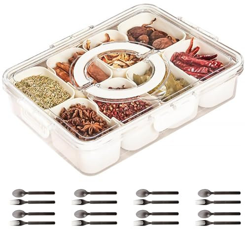 Snack Tray with Lid and Handle, Removable 8 Compartment Box Clear Organizer with 8 sets Forks Spoons, Square Food Storage Container Compartment Party Platter for Snack, Veggie, Candy, Nut