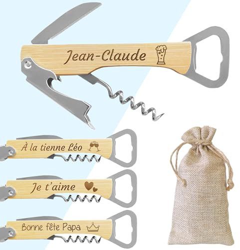 Tire-bouchon personnalisé - Limonadier personnalisable - Décapsuleur - Prénom gravé - Tire-bouchon sommelier bois et acier inoxydable - Idée cadeau homme, papa, fête des pères (Modèle Bière)