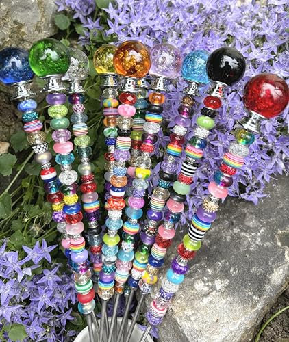 Blumenstecker (1 Stück / 36cm) Feenstab mit Perlen, Gartenstecker, Gartenpfahl, Sonnenfänger, Dekoration für Blumen und Beet, Handarbeit