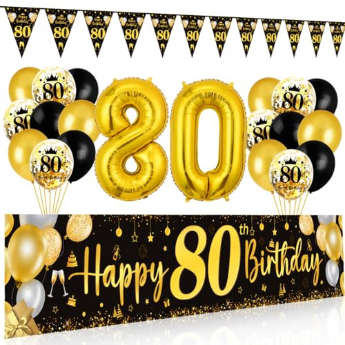 80. Geburtstag Deko für Mann und Frau - Happy Birthday Banner, Luftballons, Wimpel Girlande, Hintergrund Ballons Schwarz Gold für Männer Frauen Party