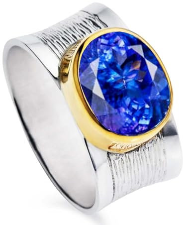 Echter Tansanit-Edelsteinring, 925er Sterlingsilber, handgefertigt, zweifarbiger Goldring, Tansanit-Edelsteinring, das beste Geschenk für besondere Anlässe