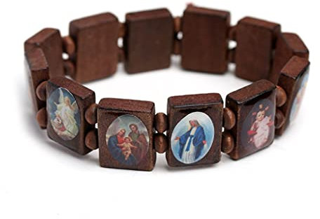 xbiez Modisches Stretch-Armband aus Holz, katholische Ikone, Heiliges Jesus, Kreuz, Jungfrau Maria, religiöses Unisex-Armband, 3 Farben, One Size, Holz