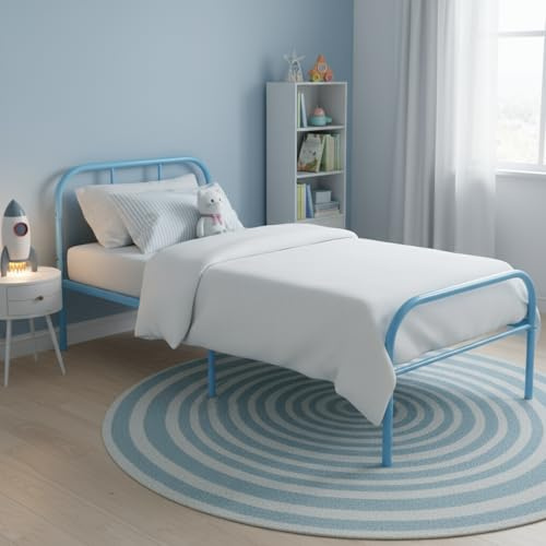 FurnitureR Bettgestell für Einzelbett, aus Metall, Farbiger Bettrahmen mit Lattenrost und Kopfteil, Bett für Schlafzimmer, Junior, geeignet für 190 x 90 cm, Matratze, blau