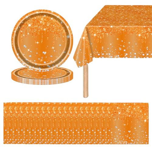 41 Pcs Orange Party Tableware Set,Orange Paper Plates and Napkins Orange Tablecloth,Sparkling Orange Thanksgiving Paper Dinnerware Kit for Kids Adult Birthday Autumnal Party Orange Paper Tableware