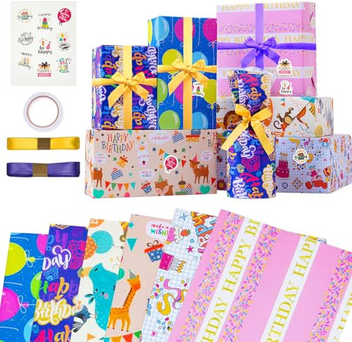 Zindoo Geschenkpapier Geburtstag, 6 Blatt 50x70cm Fröhlichen und Ansprechenden Designs Geschenkpapier mit Aufkleber, Gelb und Lila Bänder - Perfekt für Mädchen, Jungen oder Baby