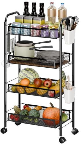 4 Etages rangement legumes cuisine panier de fruits et legumes panier a legumes sur roulettes (Noir 4 couches)
