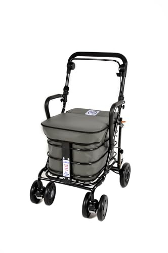 Prestige Walk and Rest Shopping Trolley with Seat & Armrest/Walking frame/Seated Mobility Trolley/Stroller/Walking Trolley (FULLY ASSEMBLED in UK READY TO USE!) BLACK EDITION (Grey)