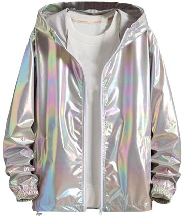 UHouse Jacke Angebote Herren Karneval Kostüm Glitter Disco Outfit 80er Jahre Party Herren-Jacken Glänzende Sportjacke mit Kapuze Vintage Kapuzenjacke Bunte Softshelljacke Grau XXL