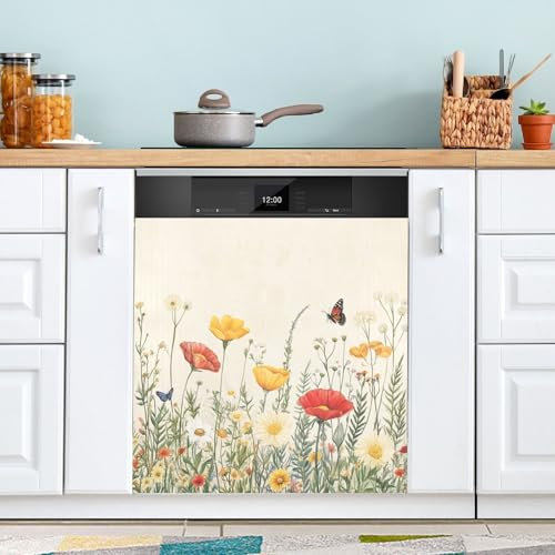 Ttgoth Wildflowers Butterfly - Copertura magnetica decorativa per lavastoviglie, pannello di copertura per porta d'ingresso, adesivo per elettrodomestici da cucina, 58,42 x 66,04 cm