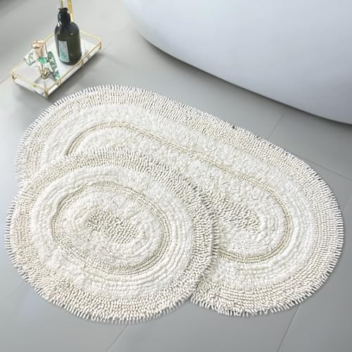 Bonny Home Oval Badematte Creme, 2er Set (60x100 cm + 50x60 cm)| Badezimmerteppich, Badteppich | Weiche Bad- und Duschvorleger | Für Bad, Dusche und Toilette, Maschinenwaschbar Badvorleger Macoroni