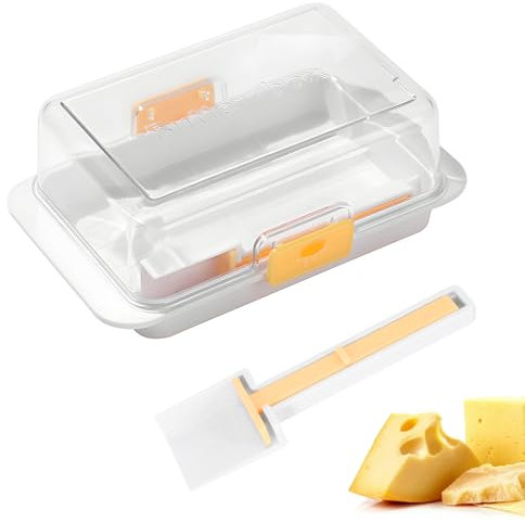 ZONJIE Butter Dish with Lid and Knife, Glass Plastic Butter Dishes Butter Cutter Cheese Storage Box with Internal Grid Lines Markings Transparent Butter Container