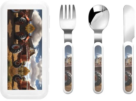 Juego de vajilla infantil de 3 piezas Red Tractor, juego de cubiertos reutilizables con cuchillo, tenedor y cuchara, vajilla portátil para protección de alimentos para niños