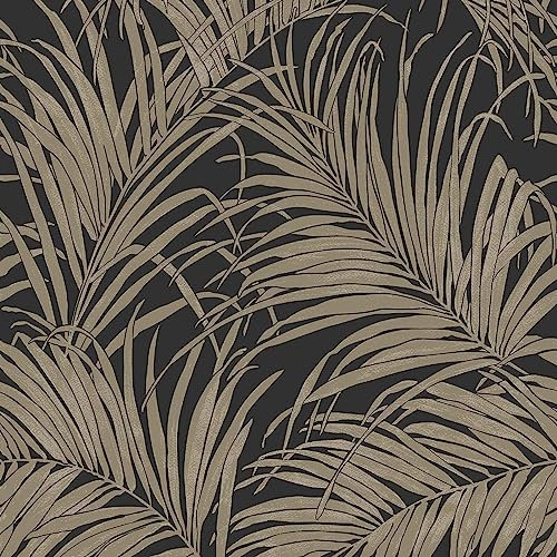 Tropical Palm Leaf Black Dark Gold Wallpaper - Leaves Modern Textured Contemporary - Paste The Wall Vinyl