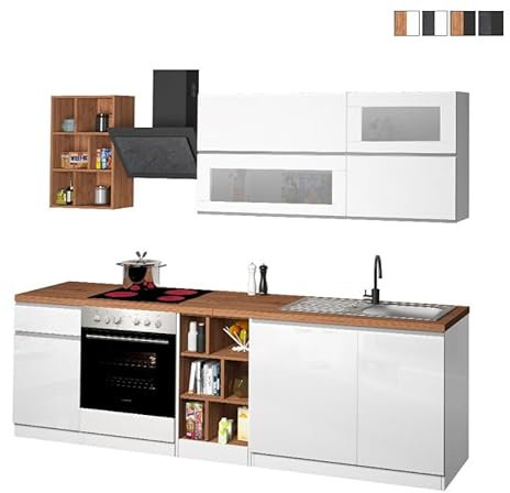 Web Furniture Cocina Moderna Completa diseño Lineal 256cm Modular Unica - Blanco - Roble