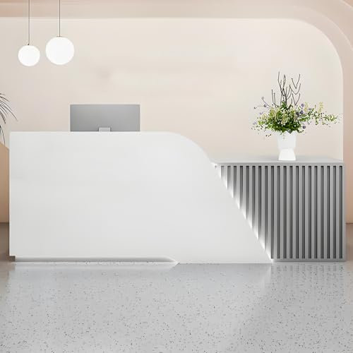 Snaweo Empfangstheke, Empfangstresen mit Schublade, Rezeptionstheke mit LED-Licht, Simplicity-Kasse, Verkaufsthekentisch für Salon, Lobby, Geschäft, Büroempfangsraum(White+Gray R,140cm/55in)