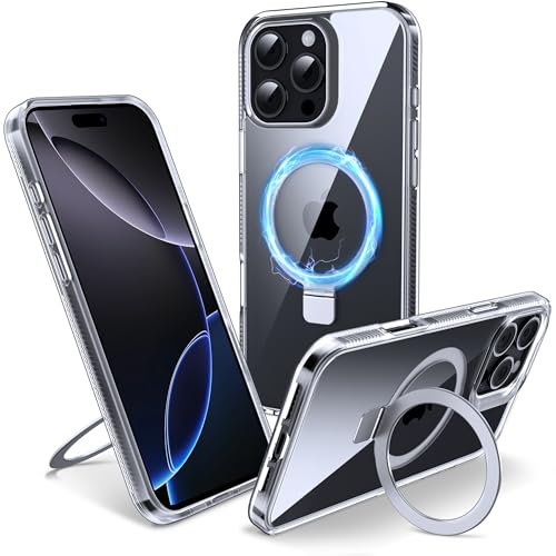 Flyzoo Magnetic Kickstand Case for iPhone 16 Pro, [Compatible with MagSafe & Invisible Ring Stand Holder] [Non-Yellowing & Shockproof] Clear Transparent Hard Silicone Edge Cover, 6.3'', Clear