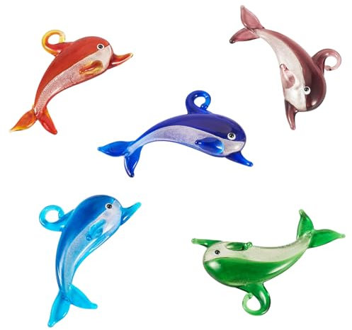 Bestewelry Lot de 5 pendentifs en verre soufflé en forme de dauphin - Breloques d'animaux marins - Pendentifs pour fabrication de bijoux, Verre