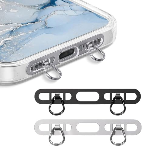 LunarCharm Lot de 2 supports en métal pour chaîne de téléphone portable avec 2 anneaux, en acier inoxydable, fin, robuste, empêche les chutes (noir + argent)