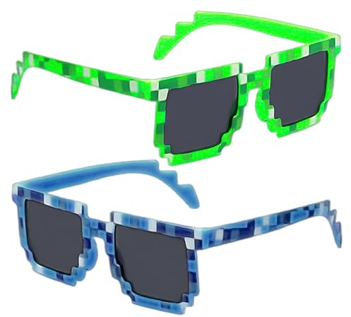 JDNFKG 2 Stücke Karierte Sonnenbrille, Sonnenbrille Pixel-Elemente, Reisefoto-Requisiten, Bühnenbekleidungszubehör, Modische Outfit-Accessoires (Blau, Grün).