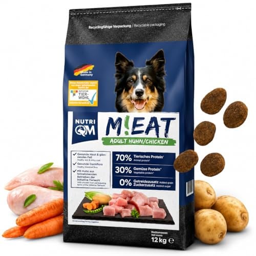 NutriQM® M!EAT Hundefutter Trocken Adult | 12 kg getreidefreies Trockenfutter für Hunde | 70 % Fleischanteil aus Geflügel & Rind | Ohne Zuckerzusatz & Zusatzstoffe | Tierwohl-Siegel | Made in Germany