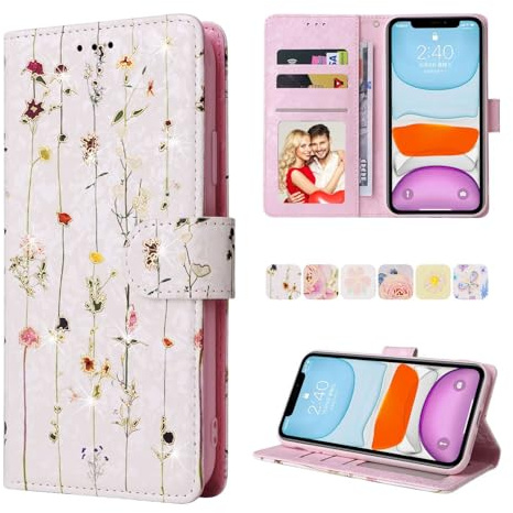 Skyhewen for iPhone 11 Case, RFID Blocking PU Leather Case with Glitter Gold Edges Flowers for Woman Girls, Shockproof Wallet Flip Phone Cover with Kickstand Magnetic Closure Card Holder, Vine