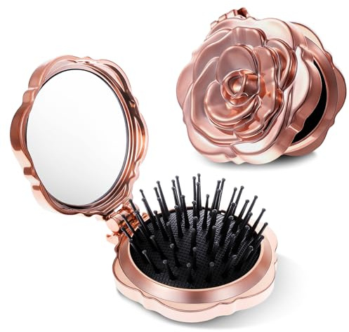 Matwsec 2 Pcs Folding Mini Hair Brush for Women, with Mirror for Travel | Rose Shape Small Travel Hair Brush for Purse, Compact Mini Hairbrush, Portable Pocket Hairbrush for Women Girls, Rose Gold