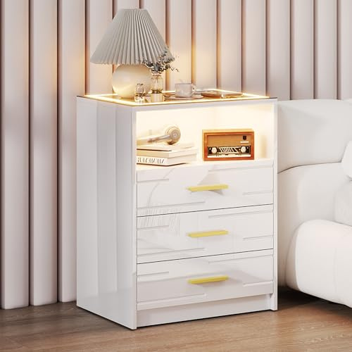 Lvifur Smart Bedside Table - with Charging Station & 3 Color Dimmable Light Modern for Bedroom White,High Gloss LED Nightstand with 3 Drawers & USB Type-C Port for Home