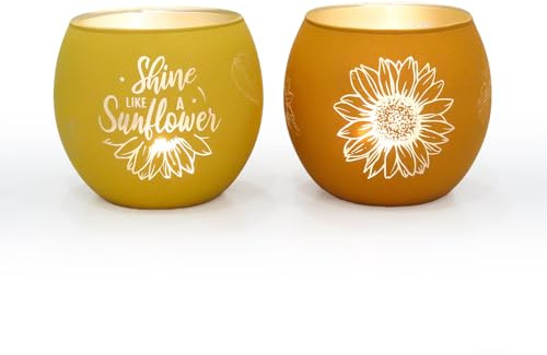 Sonnenblumen Deko Glas Teelichthalter 2er Set - Shine Like a Sunflower Inspirierende Geschenke für Frauen, Mama & Freundin - Gelbe Tischdeko für Sommer & Herbst - Windlicht Kerzenhalter