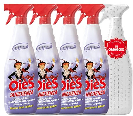 OièS Saniessenza Detergente Profumato 750 ml - Lilla (4 Unità) | Profumatore Ambiente 5 in 1 Spray Igienizzante Multiuso per Pavimenti e Superfici - Profuma, Igienizza, Deodorizza e Spolvera