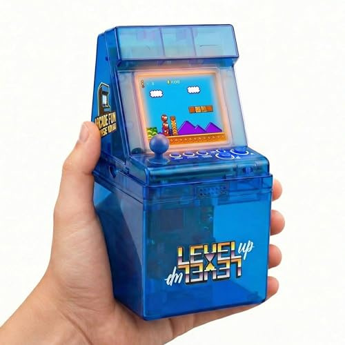 Silvergear® Mini Retro Arcade Spielkonsole 240 Spiele | Tragbare Arcade Maschine im Mini Format | 8 Bit Spielautomat | Klappbar | LED Beleuchtung 6 Modi | 9.4×9.4×10.4 cm | Transparent Blau