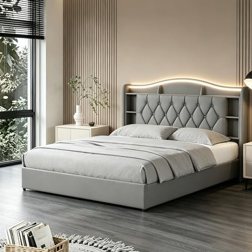 BEIJIALY Boxspringbett 160x200,Hydraulisch Stauraumbett 160×200cm Polsterbett Doppelbett mit Stauraum,Funktionsbett Bettgestell mit Lattenrost,Jugendbett Samt,Grau,Ohne Matratze