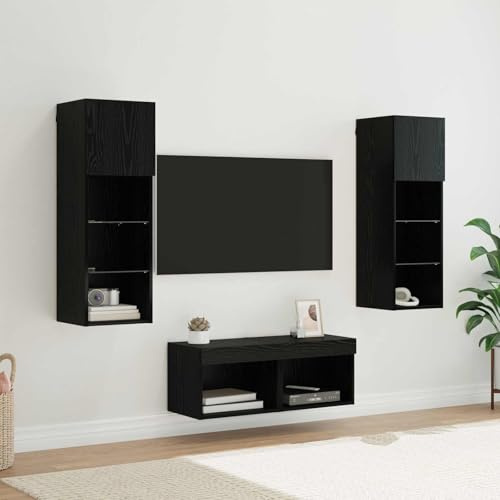 GeenYuu Meubles TV muraux en Bois d'ingénierie chêne Noir 4 pcs avec Portes, étagères en Verre, Bandes LED pour Salon séjour, Rangement multimédia, Support télévision Suspendu Design Moderne