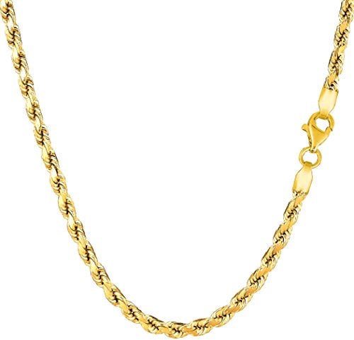Yellow Solid Gold Diamond Cut Rope Chain Necklace, 3.5mm, 22