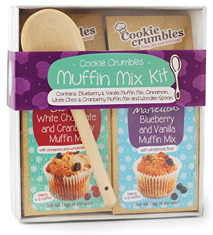 Cookie Crumbles Muffin Mix Kit, Marvellous Blueberry And Vanilla Muffin Mix And Glorious White Chocolate and Cranberry Muffin Mix, And A Small Wooden Spoon, Great Gift For A Bake Off Or Party, 225g