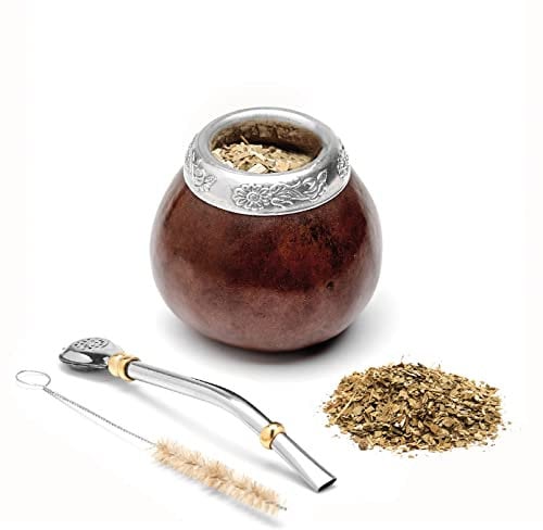 BALIBETOV Kit Mate Argentino - Set de Mate de Calabaza Natural Hecho a Mano en Argentina - con Bombilla (Sorbete) para Yerba Mate (Marron Oscuro)