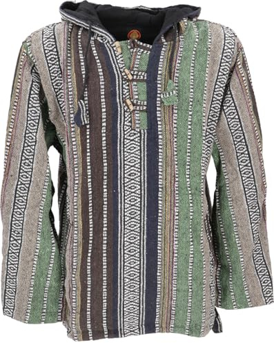 GURU SHOP Goa Kapuzenshirt, Baja Hoody aus Baumwolle, Ethnolook, grün/bunt | Kapuzenpulli mit Holzknöpfen, Kängurutasche, traditionell in Nepal gewebt, kuschelig warm, individuelles Unikat