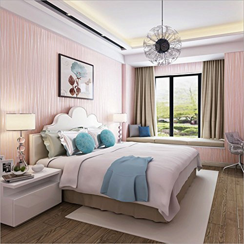 KeTian Modern Fashion Classic Flocking Plain Stripe Curve Non-Woven Wallpaper Wall Paper for Living Room Bedroom Wallpaper Roll 0.53m (1.73' W) x 10m(32.8'L)=5.3m2 (57 sq.ft) (Pink Red)