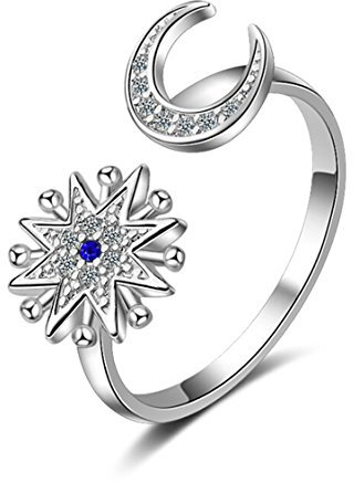 BROWOL Partnerschaftsringe Damen Ringe 925 Sterling Silber Verlobungsringe Öffnen Ring Mond Saphir 5A Zirkonia Mond und Sonne Romantik Liebe Blumen Sterne Silber Ringe
