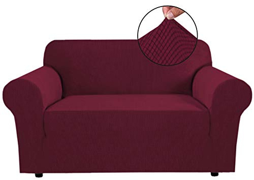 BellaHills Super Stretch Sofa Covers Couch Covers Sofa Slipcovers Furniture Protector for Sofas/Kids/Pets | Form Fitted Jacquard with Elastic Bottom, Thick Soft Non Slip (2 Seater,Burgundy Red)