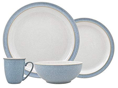 Denby - Elements Blue Dinner Set For 1 - 4 Piece Ceramic Tableware - Dishwasher Microwave Safe Crockery Set Single Place Setting - 1 x Dinner Plate, 1 x Small Plate, 1 x Cereal Bowl, 1 x Coffee Mug