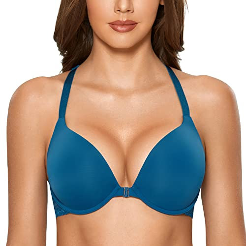DOBREVA Damen Vorderverschluss Push Up BH mit Bügel Soft T Shirt Tiefen Ausschnitt BHS Neckholder Gepolsterter Schattenblau 80E